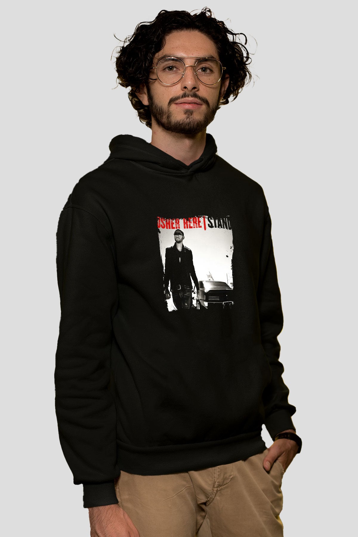 Usher  Baskılı Unisex Siyah Hoodie