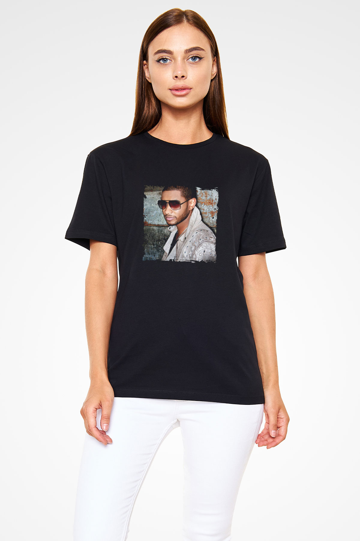 Usher  Baskılı Unisex Siyah Tişört