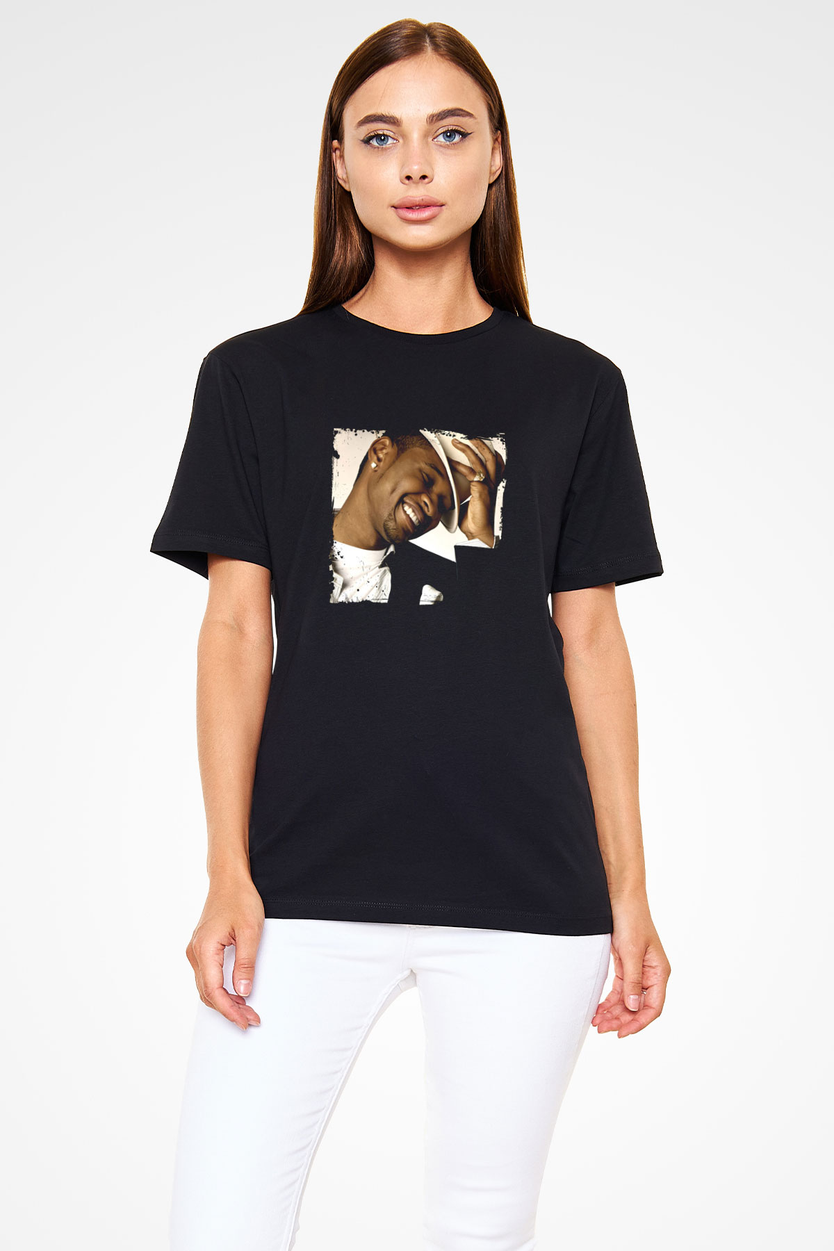 Usher  Baskılı Unisex Siyah Tişört