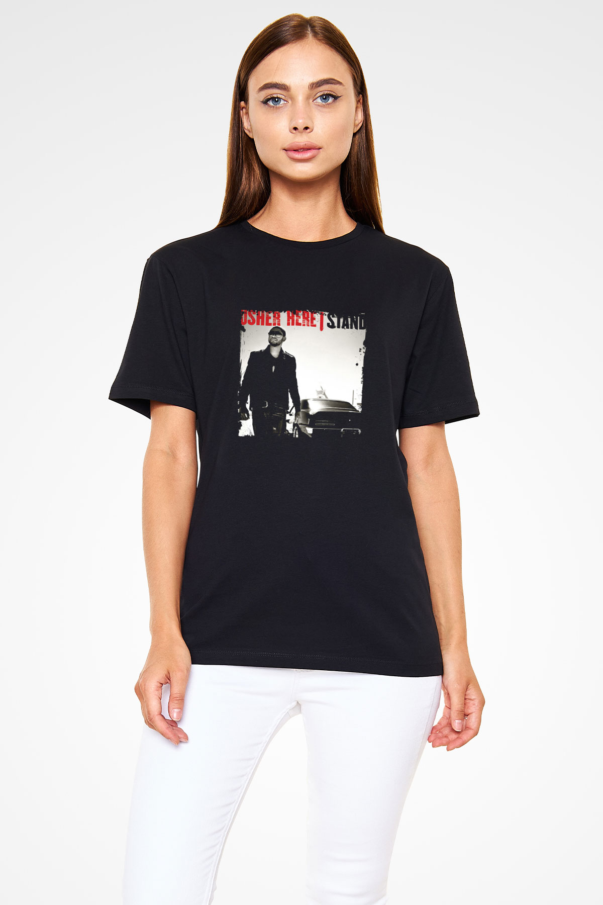 Usher  Baskılı Unisex Siyah Tişört
