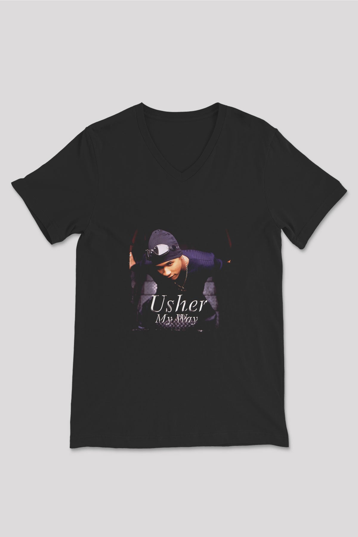 Usher  Baskılı Unisex Siyah V Yaka Tişört