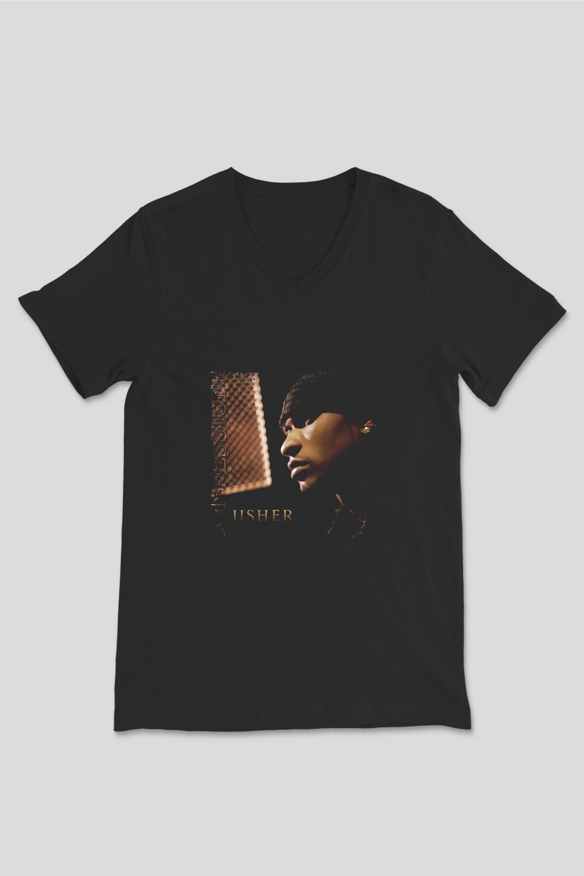 Usher  Baskılı Unisex Siyah V Yaka Tişört