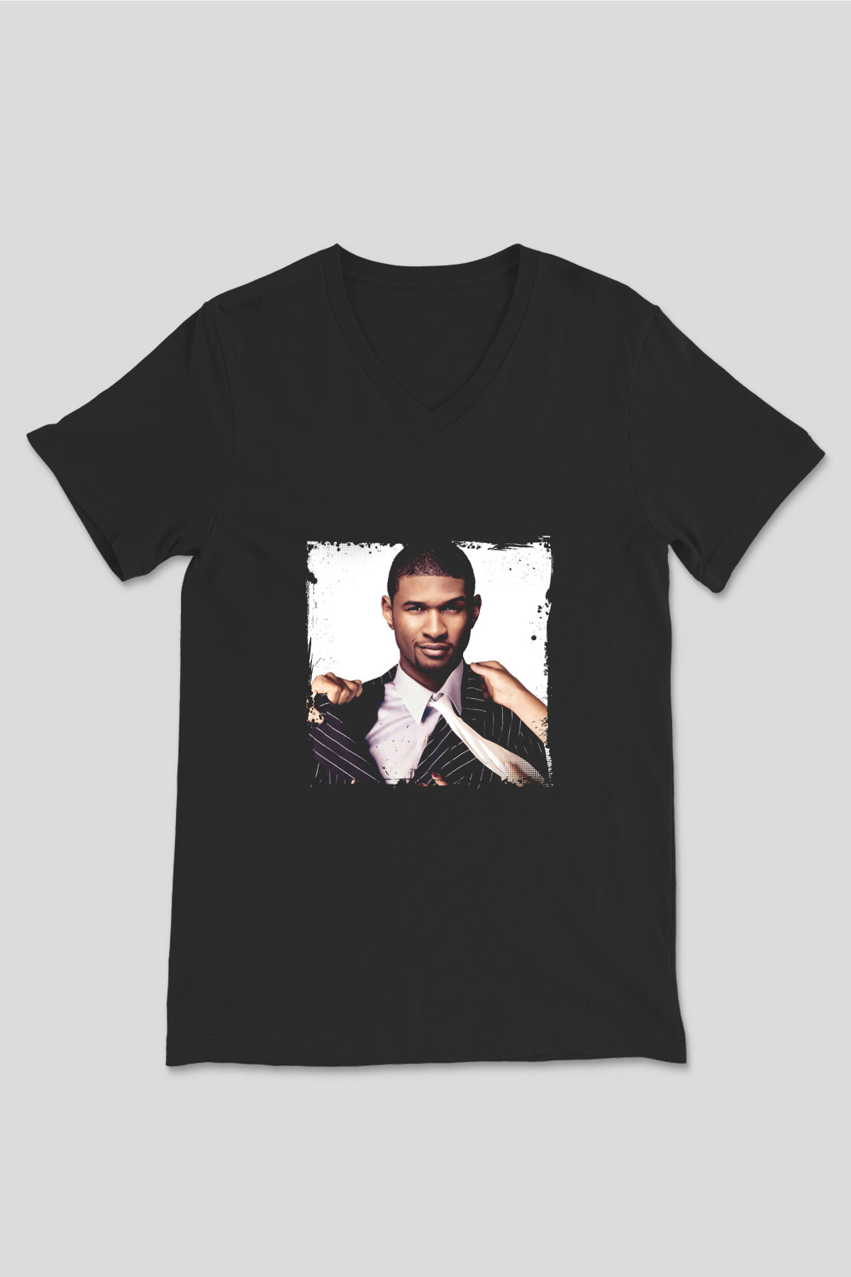 Usher  Baskılı Unisex Siyah V Yaka Tişört