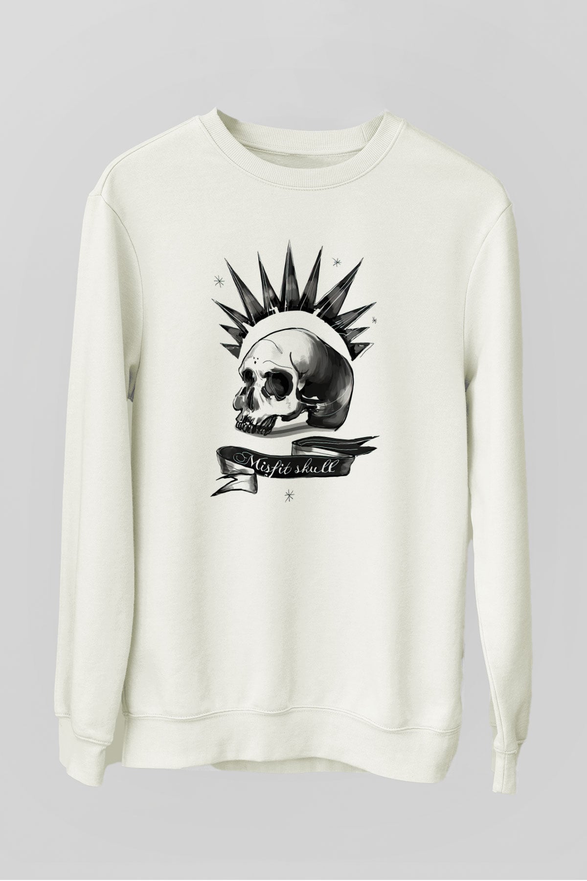 Uyumsuz Kurukafa Baskılı Beyaz  Sweatshirt