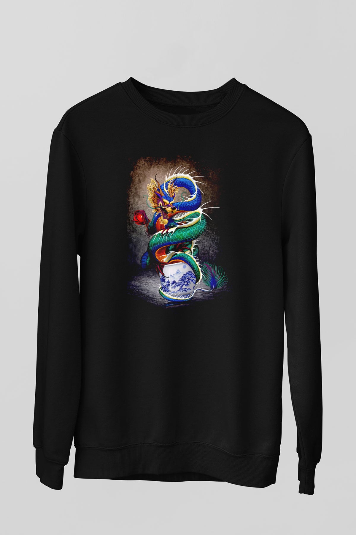 Uzakdoğu Ejderha Temalı Baskılı Unisex Siyah  Sweatshirt
