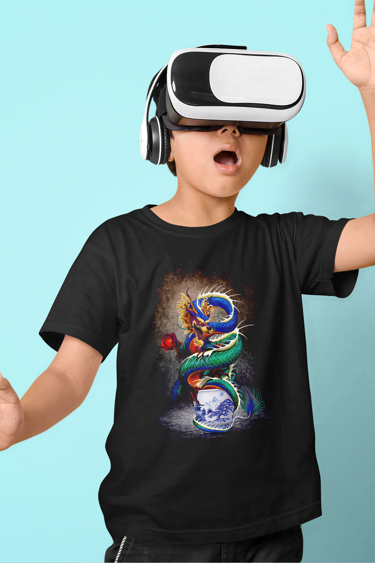 Uzakdoğu Ejderha Temalı Baskılı Unisex Siyah  Çocuk Tişört