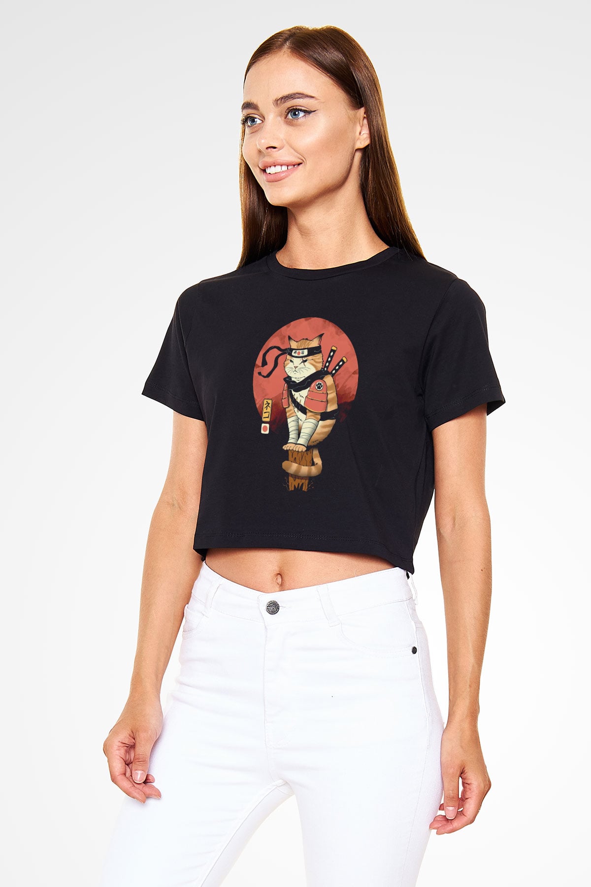 Uzakdoğu Samuray Kedi Baskılı  Siyah  Crop Top Tişört