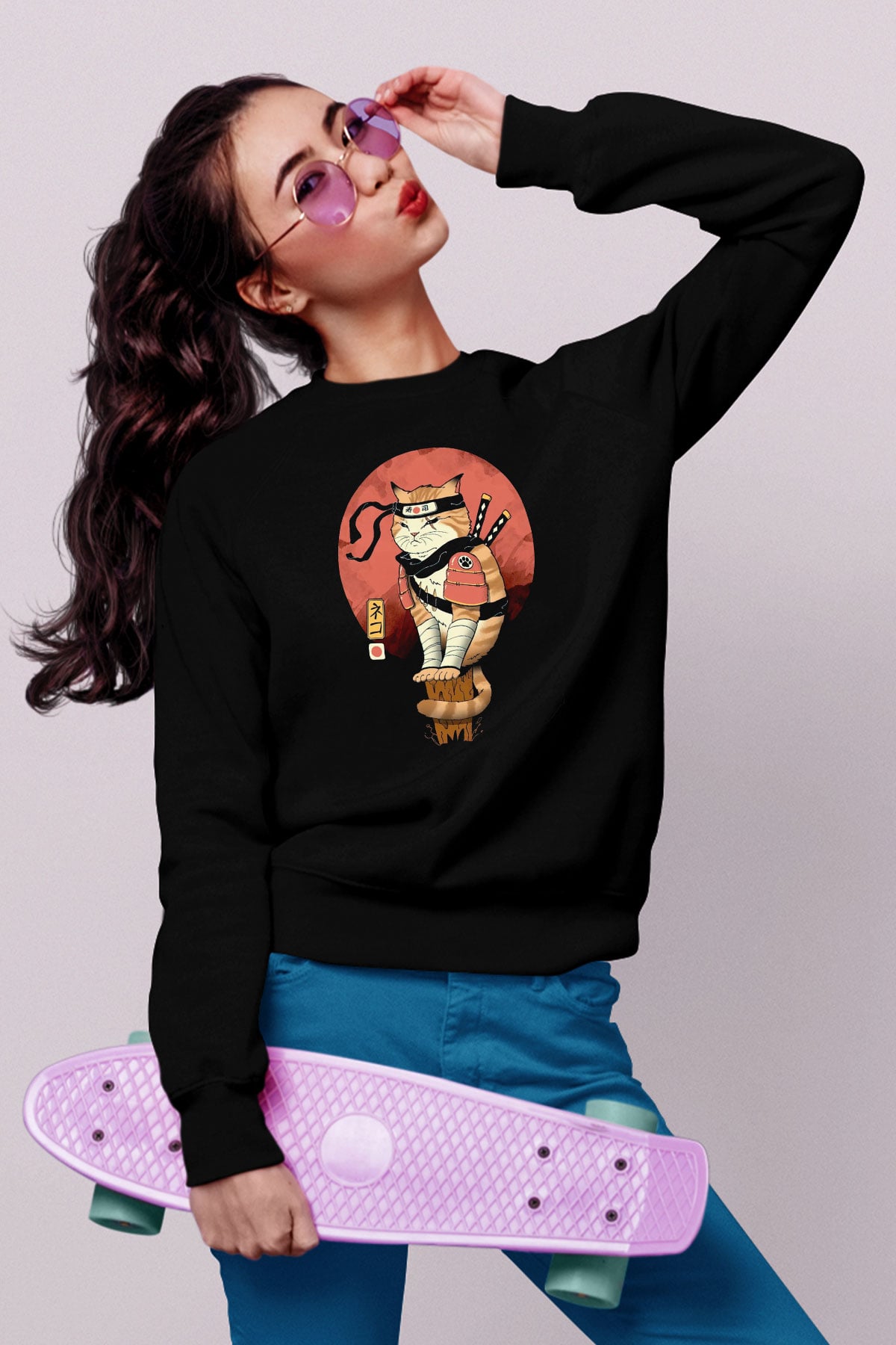 Uzakdoğu Samuray Kedi Baskılı Unisex Siyah  Sweatshirt