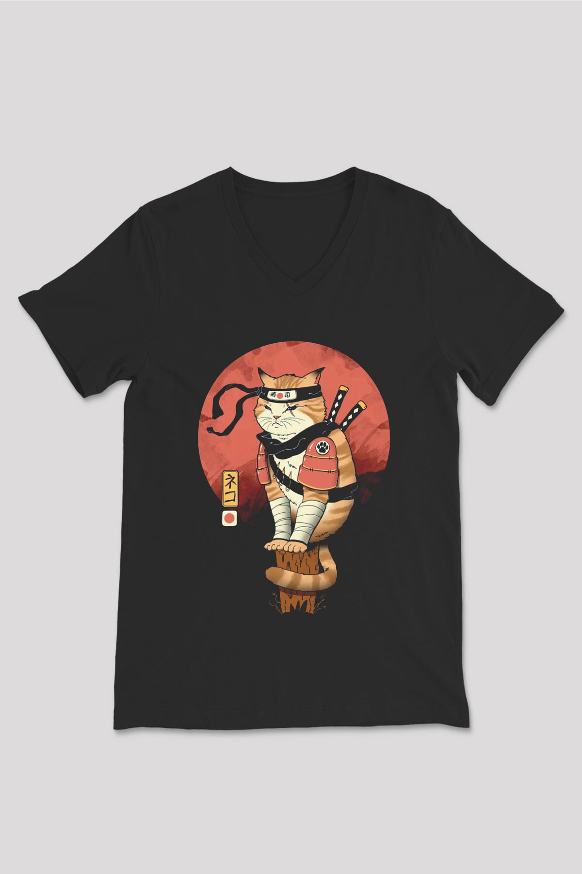 Uzakdoğu Samuray Kedi Baskılı Unisex Siyah  V Yaka Tişört