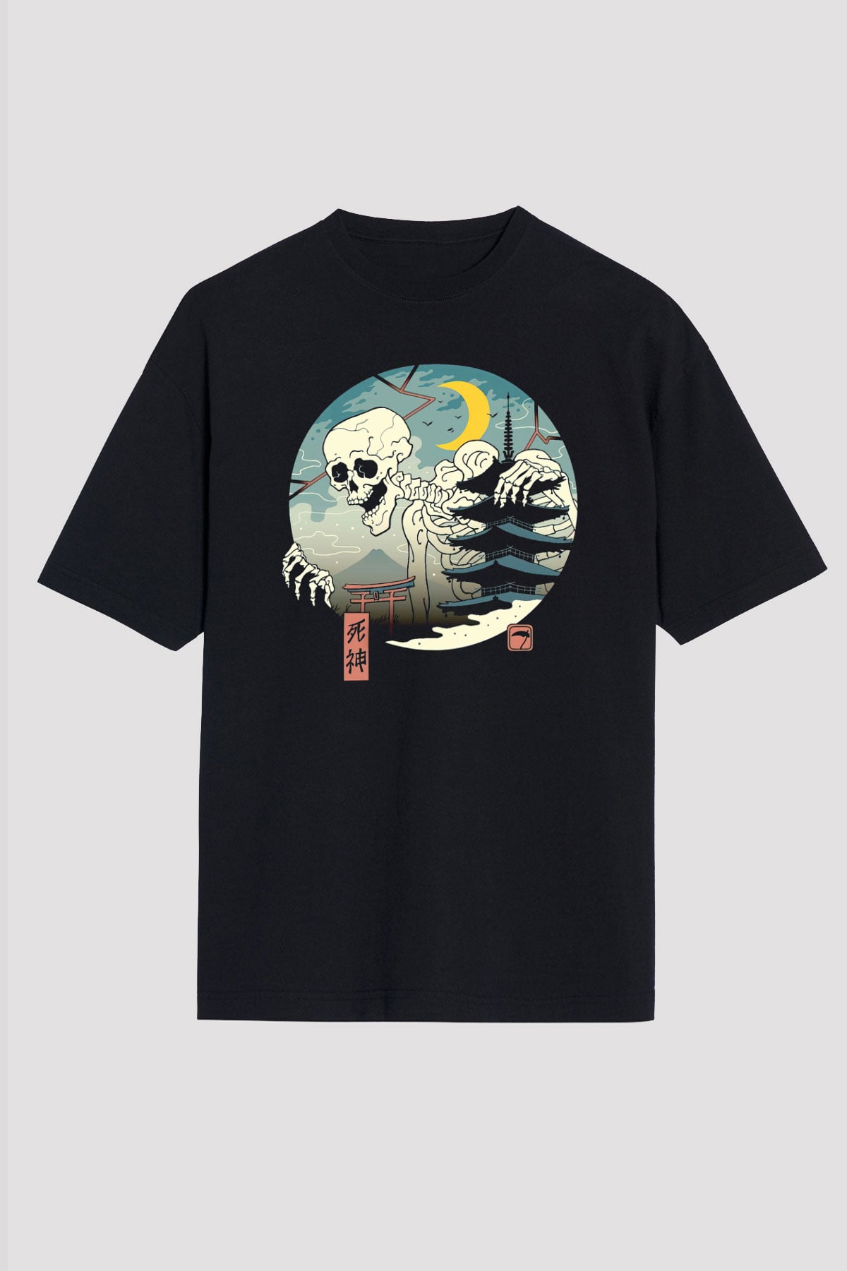 Uzakdoğulu İskelet Baskılı Siyah Unisex Tişört