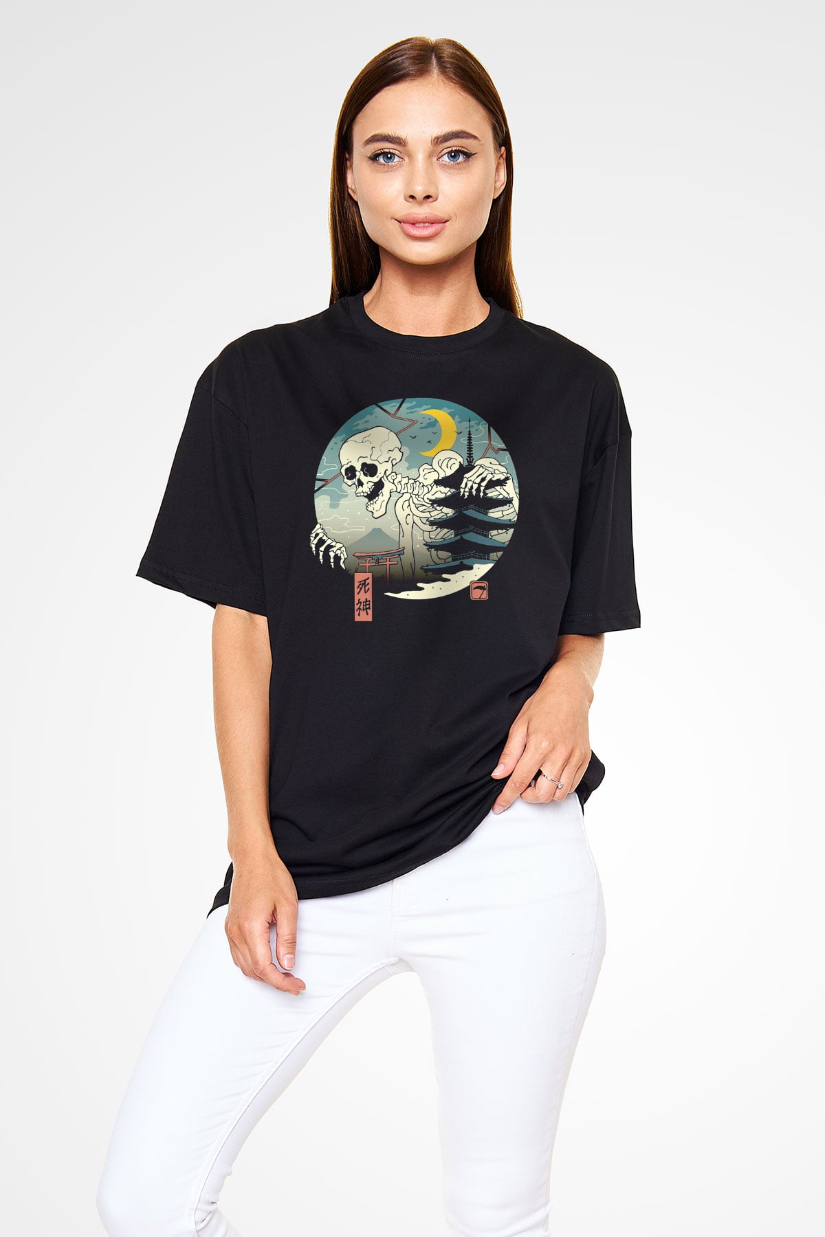 Uzakdoğulu İskelet Baskılı Siyah Unisex Tişört