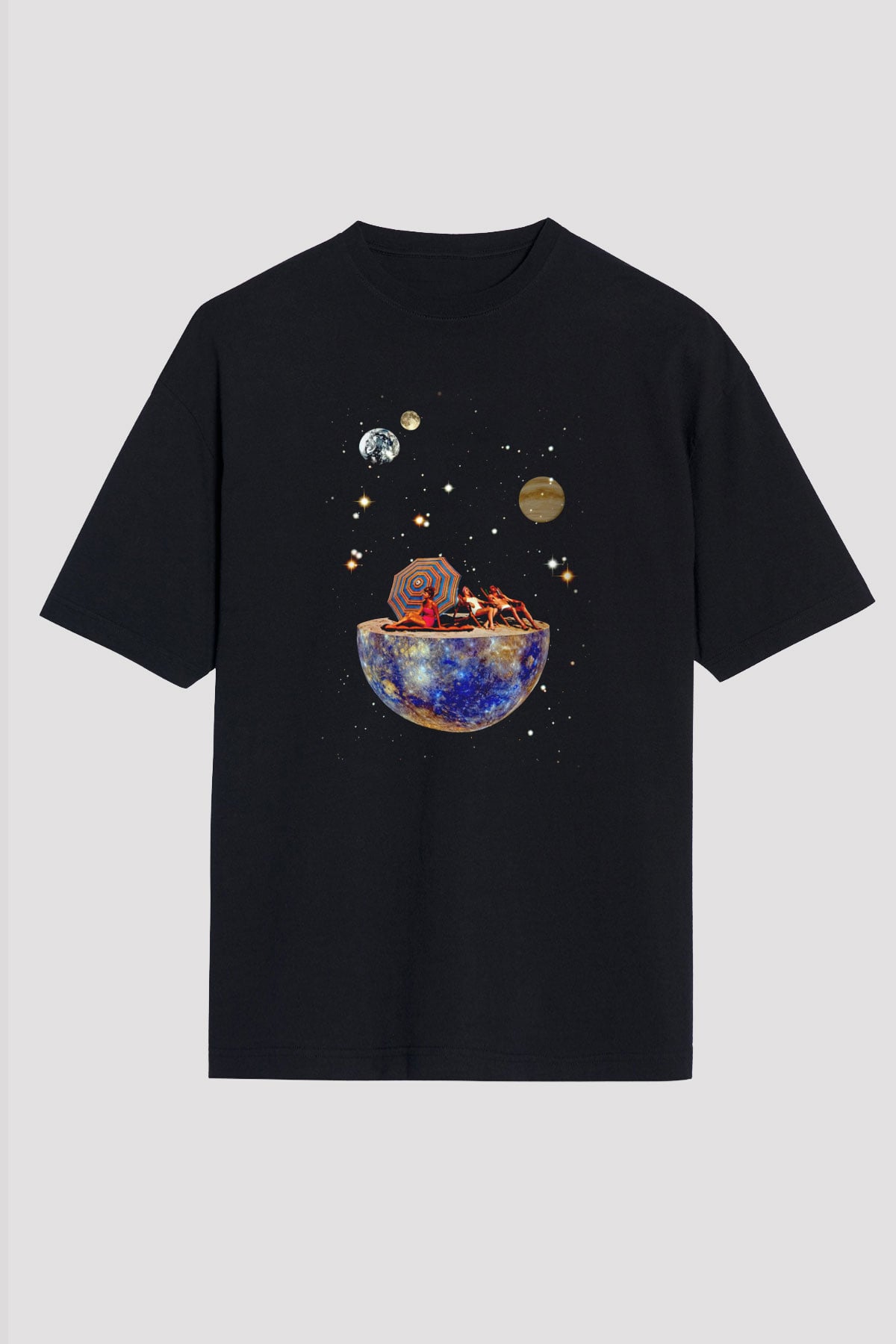 Uzayda Güneşlenmek Baskılı Unisex Siyah Tişört