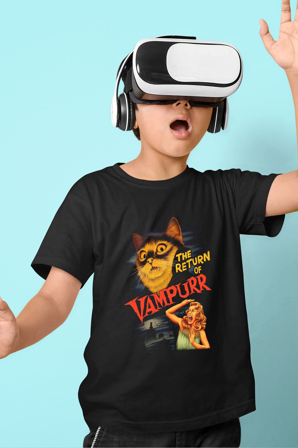Vampir Kedi Baskılı Unisex Siyah  Çocuk Tişört