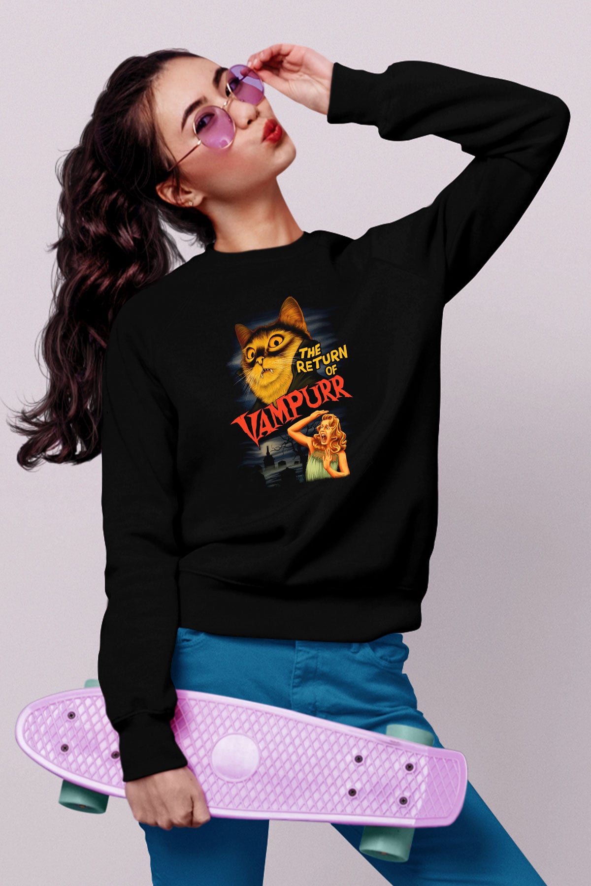 Vampir Kedi Baskılı Unisex Siyah  Sweatshirt