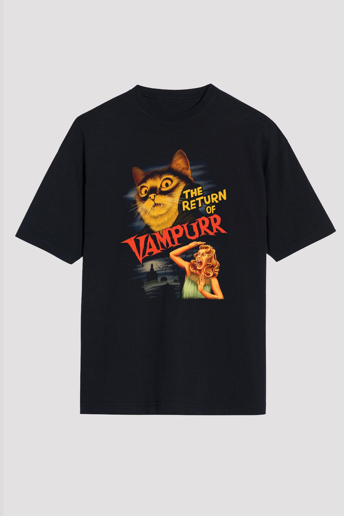 Vampir Kedi Baskılı Unisex Siyah Tişört