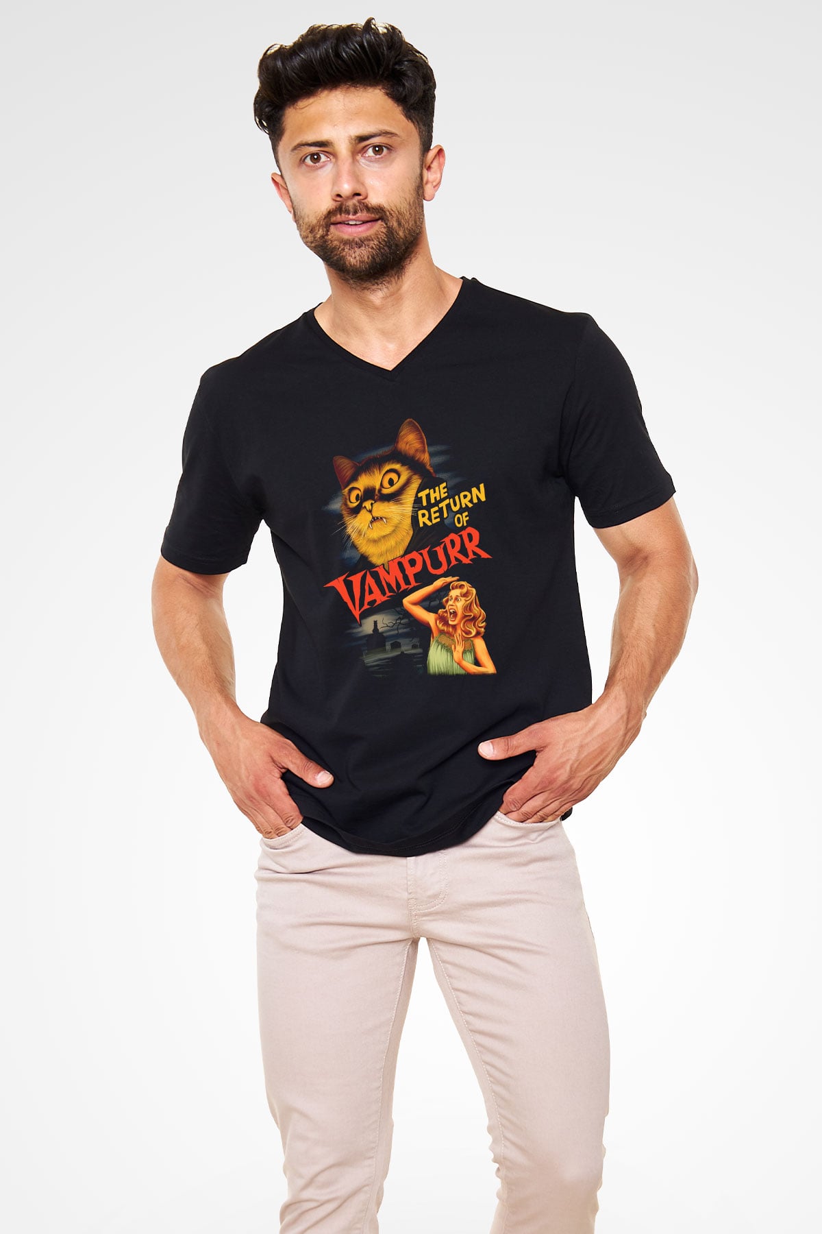 Vampir Kedi Baskılı Unisex Siyah  V Yaka Tişört