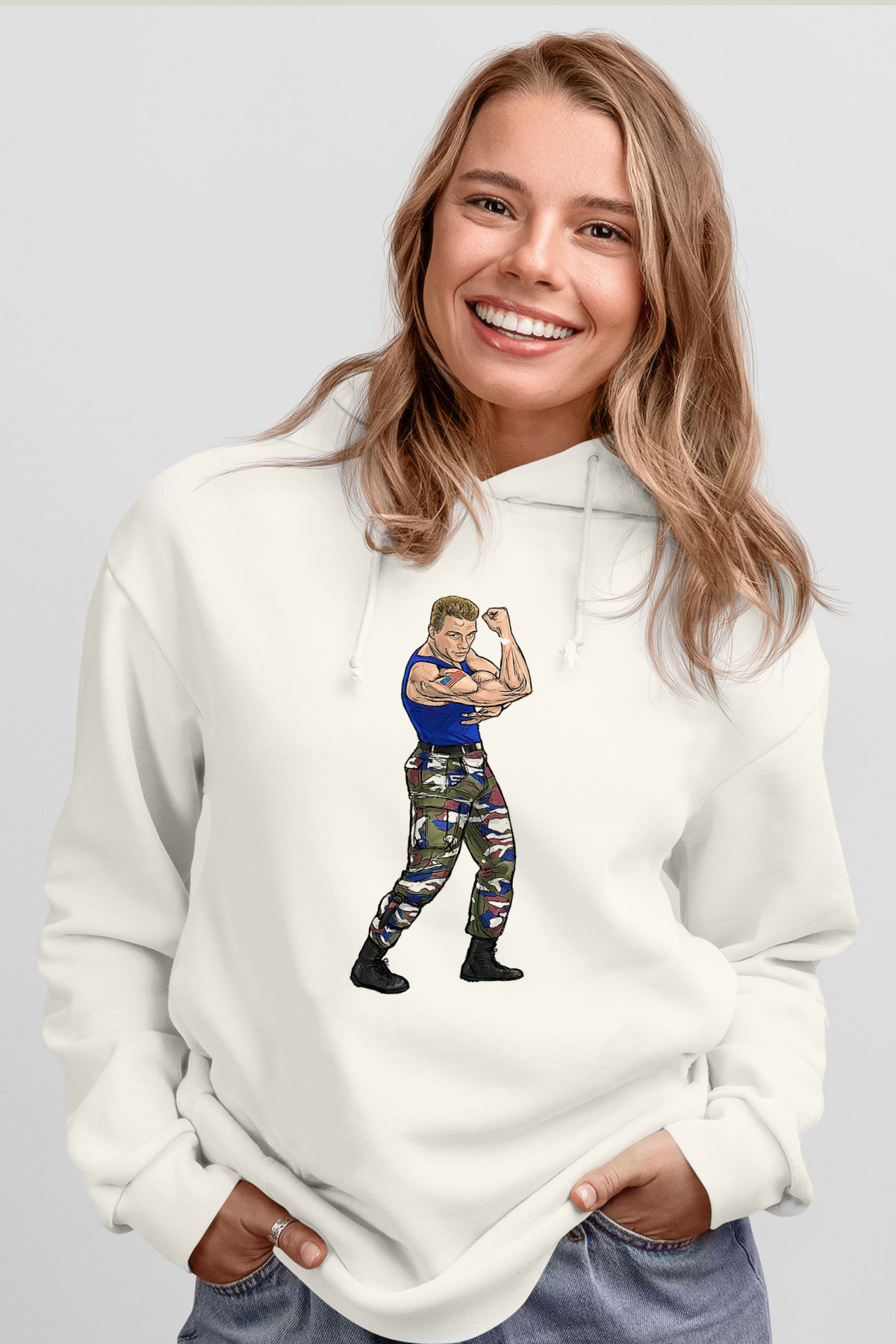 Van Damme James Baskılı Beyaz Unisex Kapüşonlu Sweatshirt