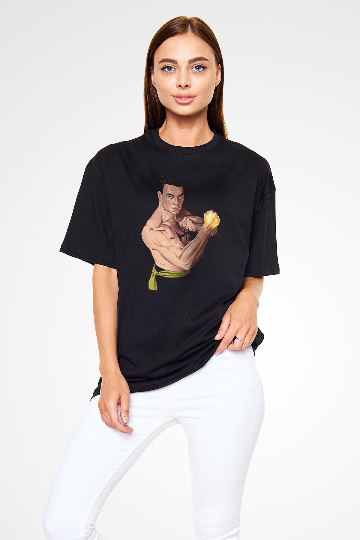 Van Damme James Baskılı Unisex Siyah Oversize Tişört - Tshirt