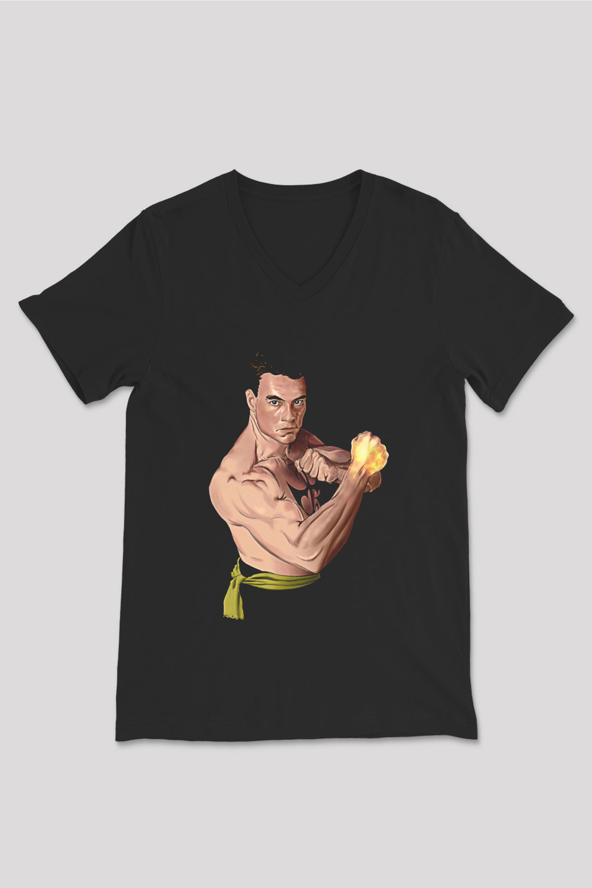 Van Damme James Baskılı Unisex Siyah V Yaka Tişört - Tshirt