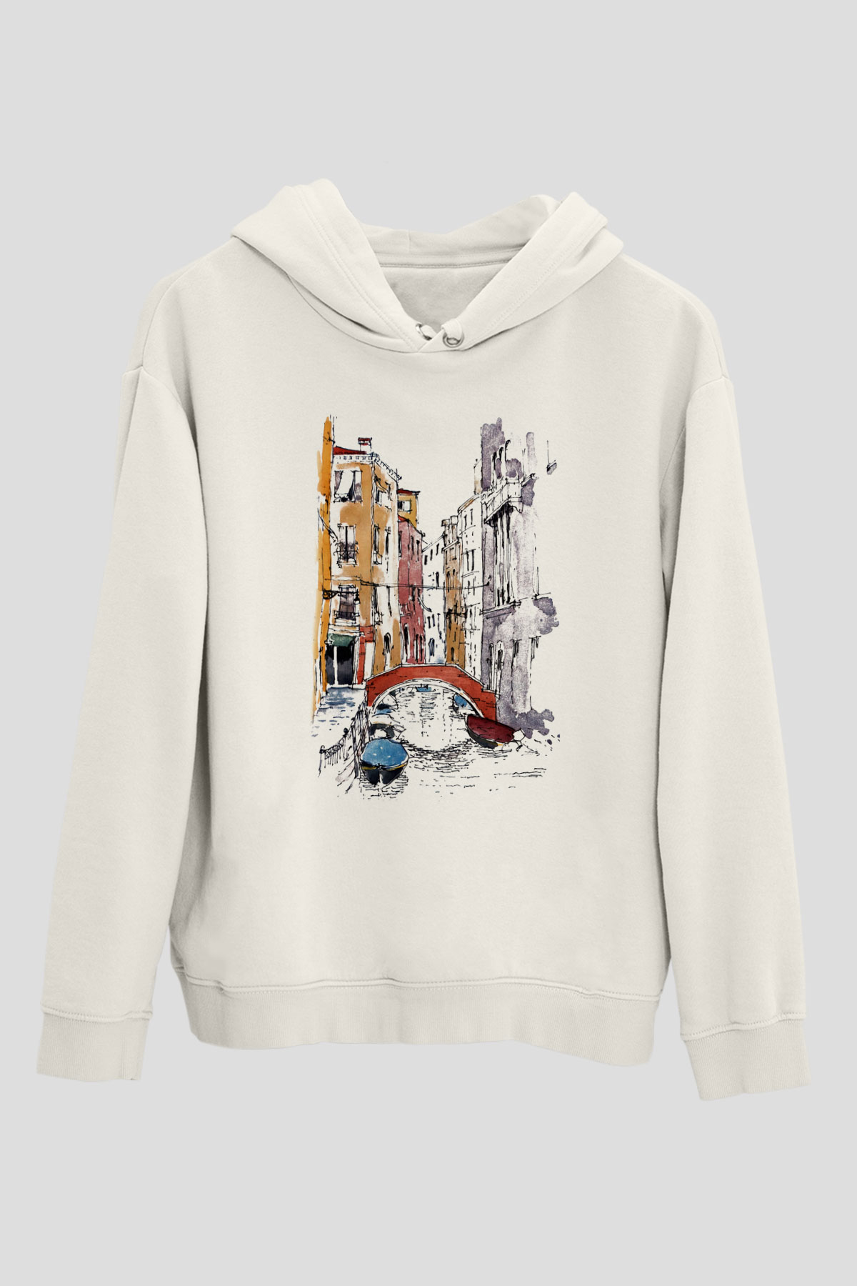 Venedik Kanal Beyaz Unisex Kapşonlu Sweatshirt