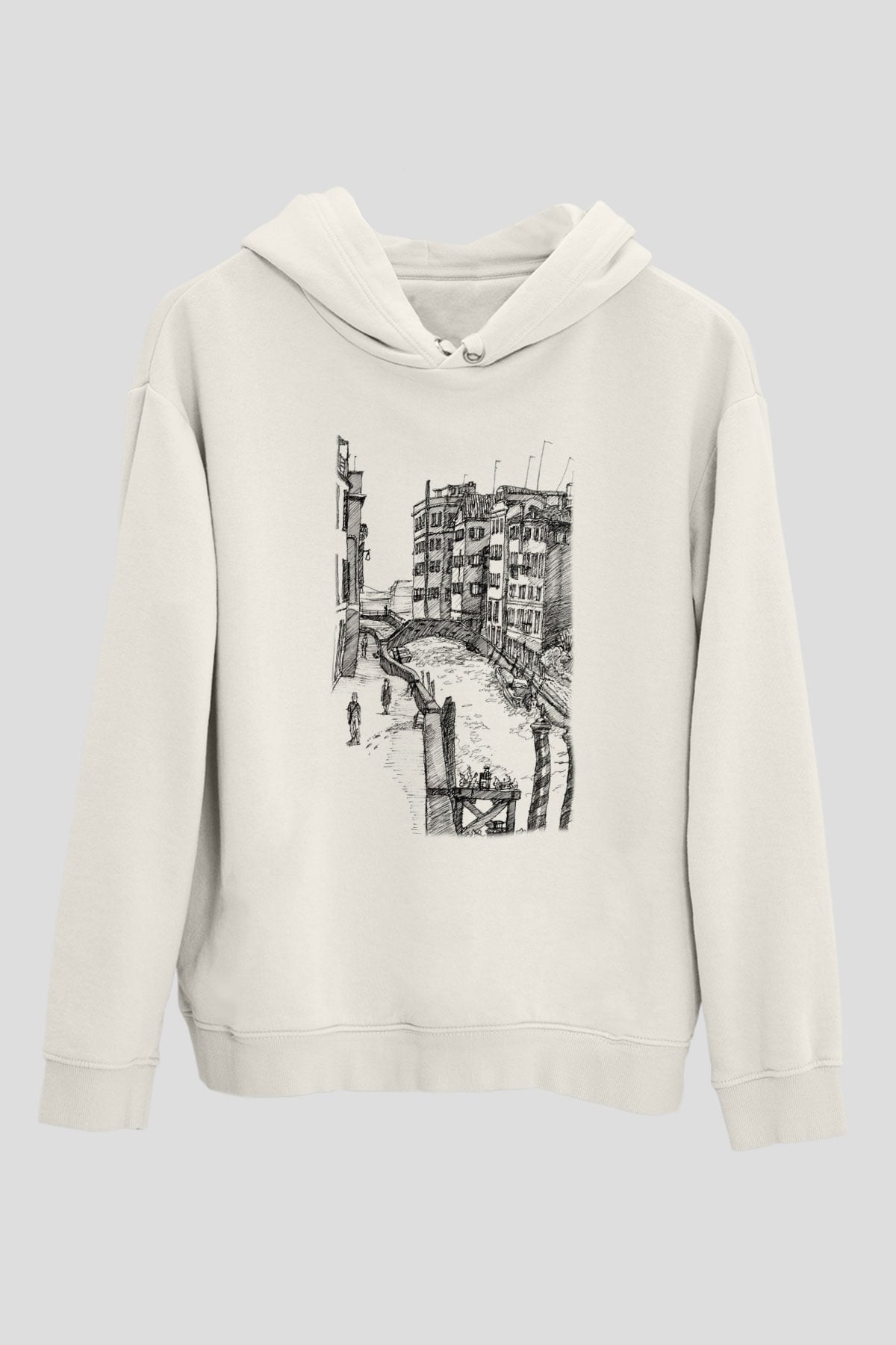 Venedik Kanal Beyaz Unisex Kapşonlu Sweatshirt