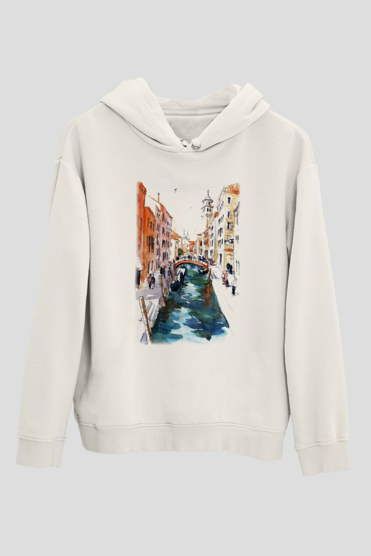 Venedik Kanal Beyaz Unisex Kapşonlu Sweatshirt