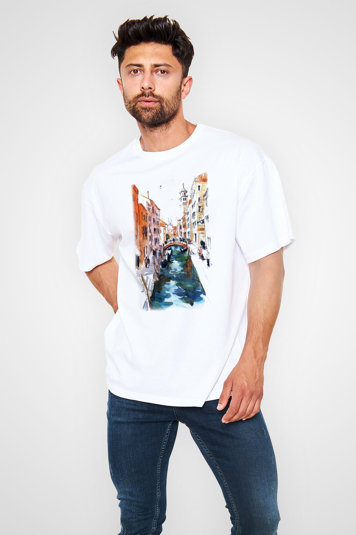 Venedik Kanal Beyaz Unisex Oversize Tişört T-Shirt