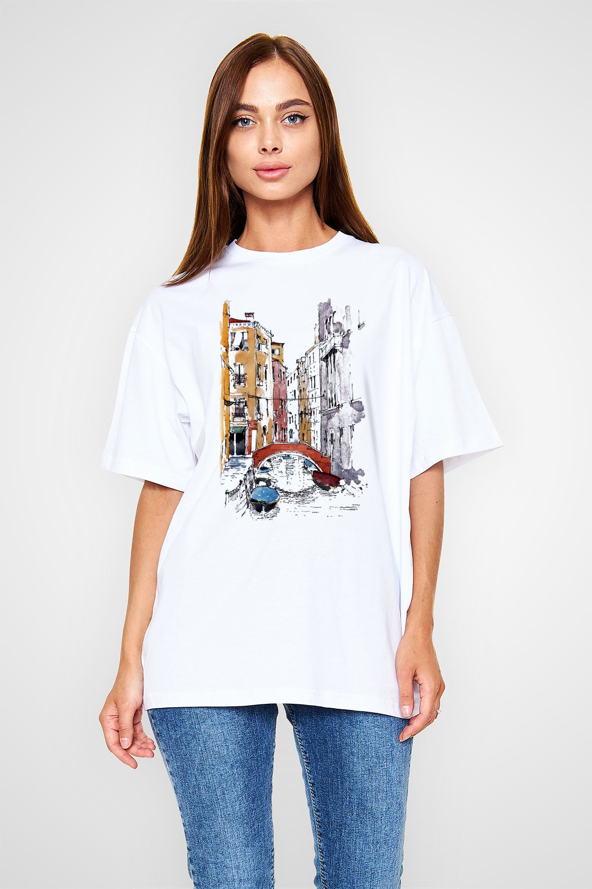 Venedik Kanal Beyaz Unisex Oversize Tişört T-Shirt