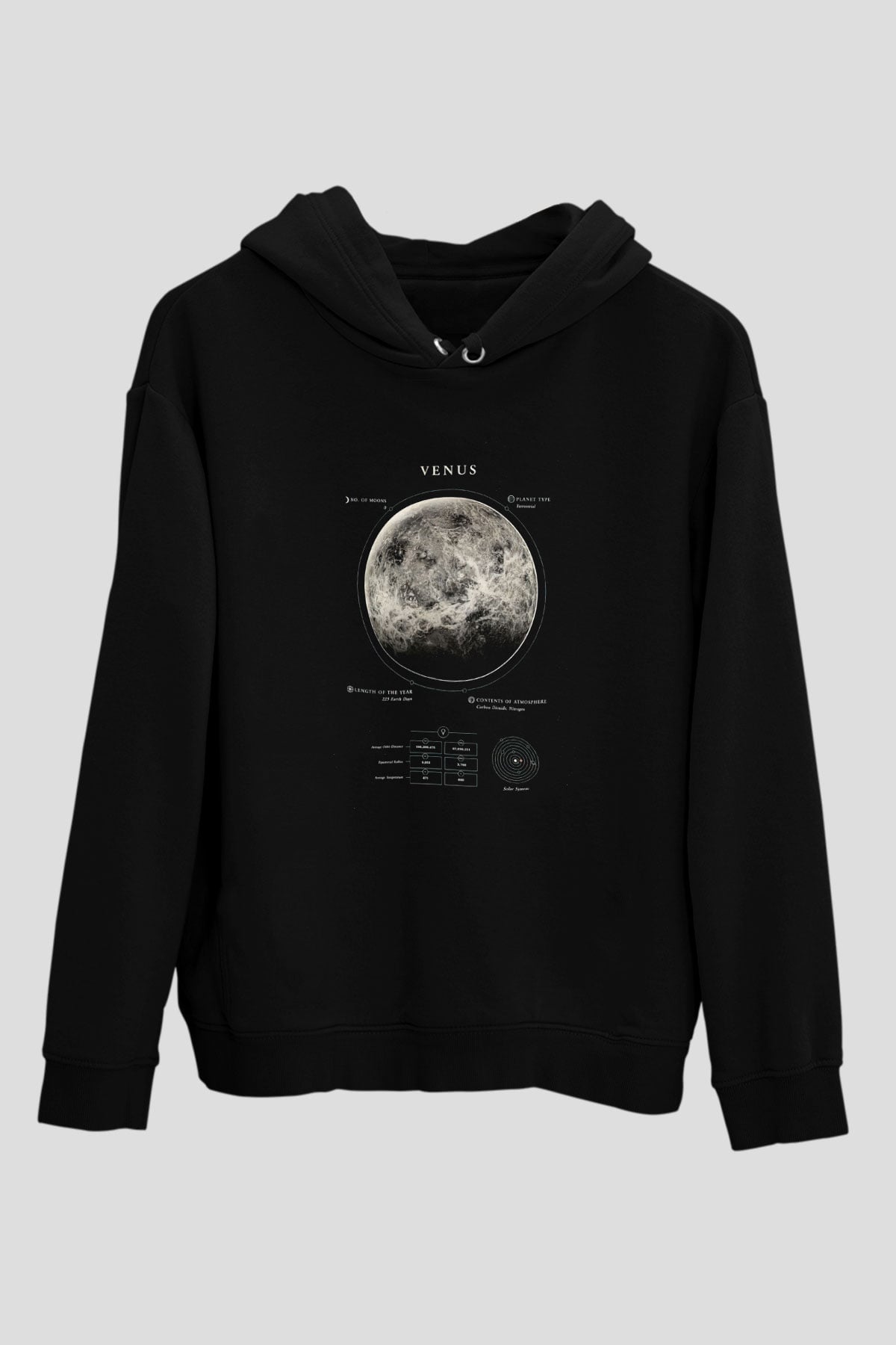 Venüs Fiziksel Özellikleri Baskılı Unisex Siyah Kapüşonlu Sweatshirt