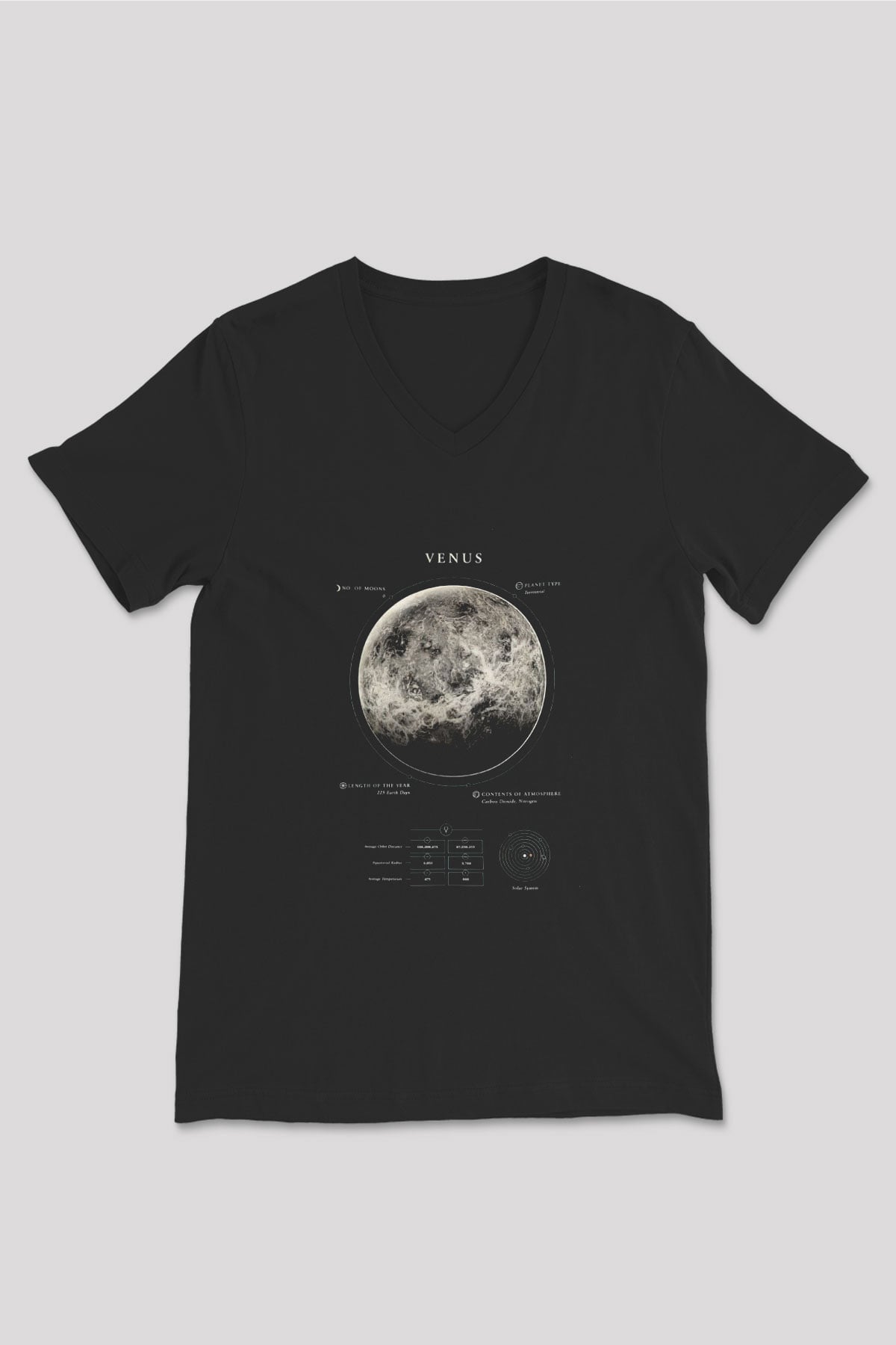 Venüs Fiziksel Özellikleri Baskılı Unisex V Yaka Siyah Tİşört - Tshirt