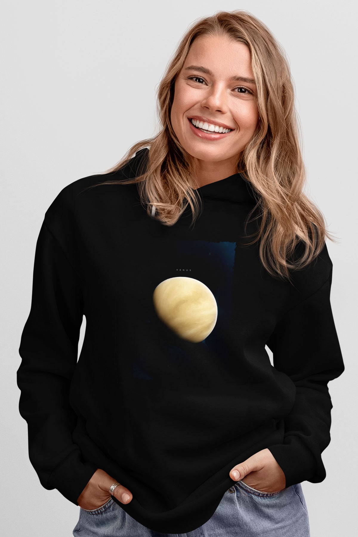 Venüs Fotoğraf Baskılı Unisex Siyah Kapüşonlu Sweatshirt