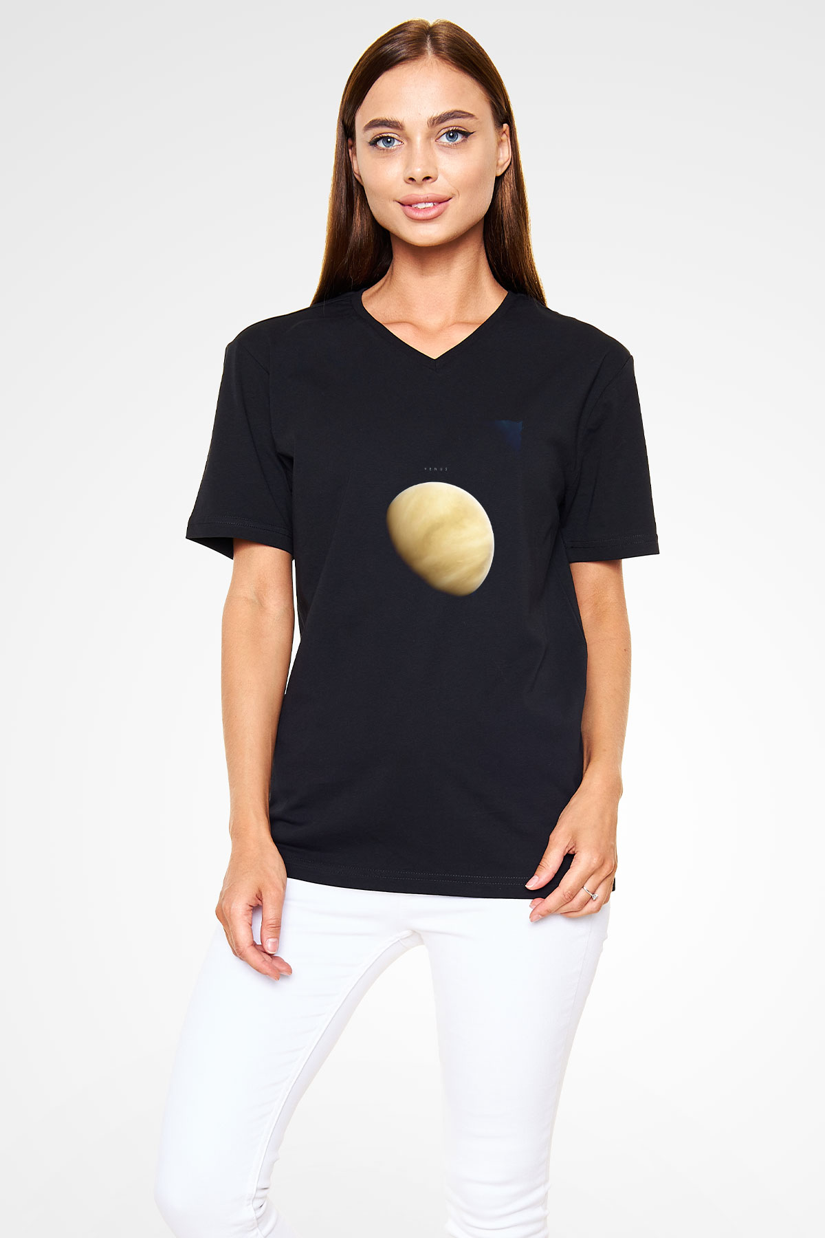 Venüs Fotoğraf Baskılı Unisex V Yaka Siyah Tİşört - Tshirt