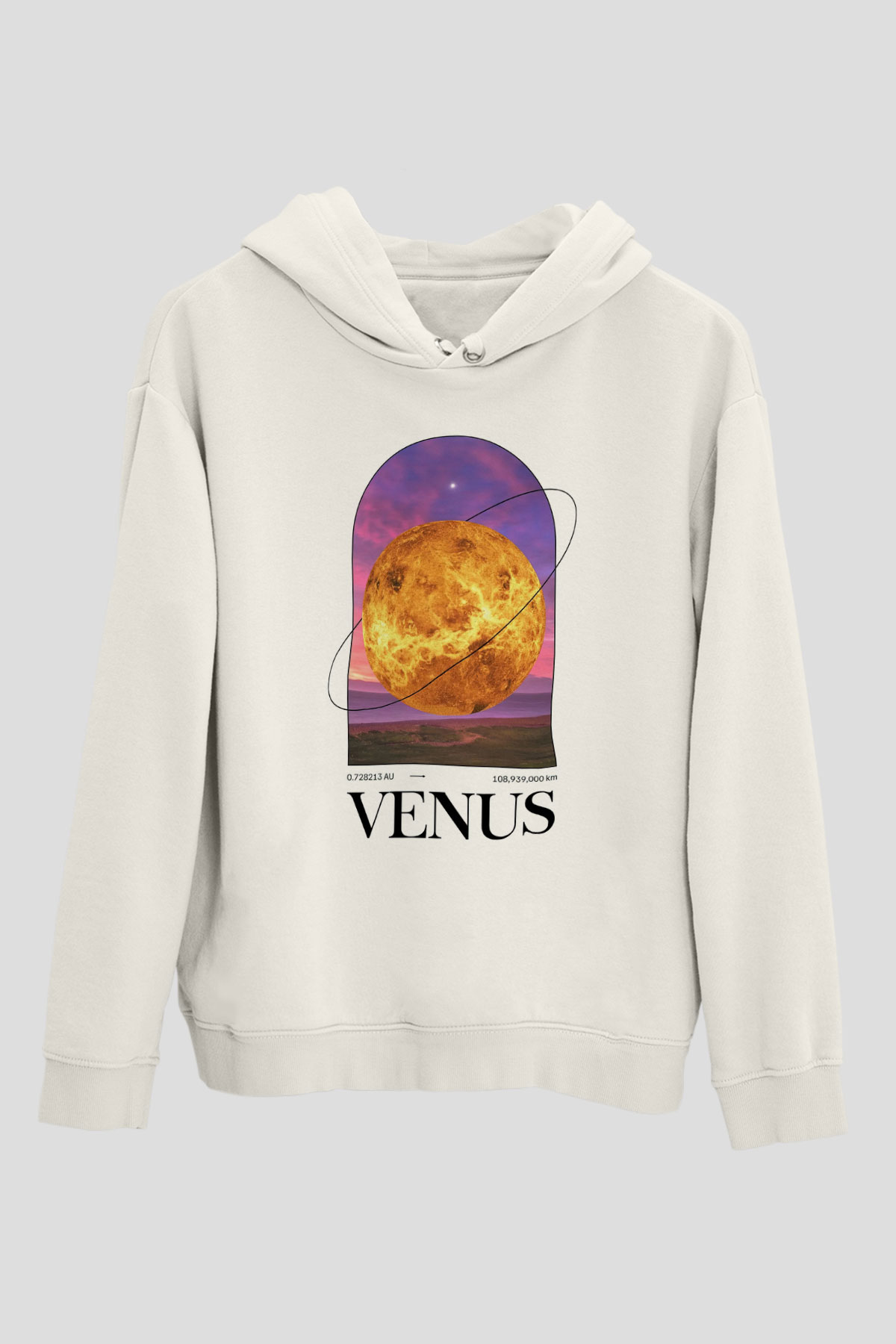 Venüs Gezegeni Baskılı Unisex Ekru Hoodie