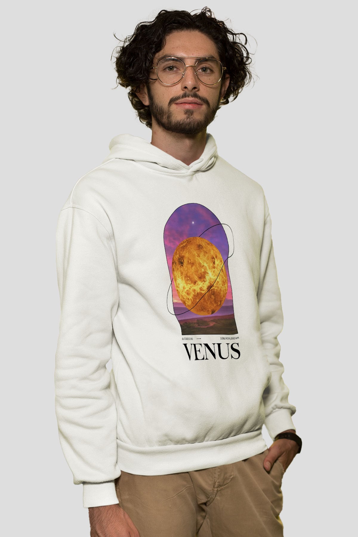 Venüs Gezegeni Baskılı Unisex Ekru Hoodie