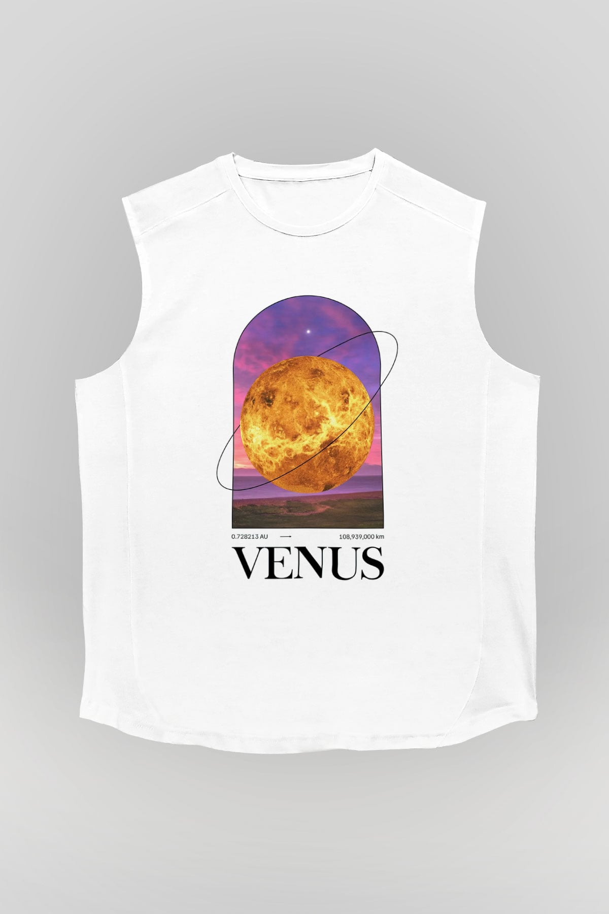 Venüs Gezegeni Baskılı Unisex Kolsuz Beyaz Tişört - Tshirt