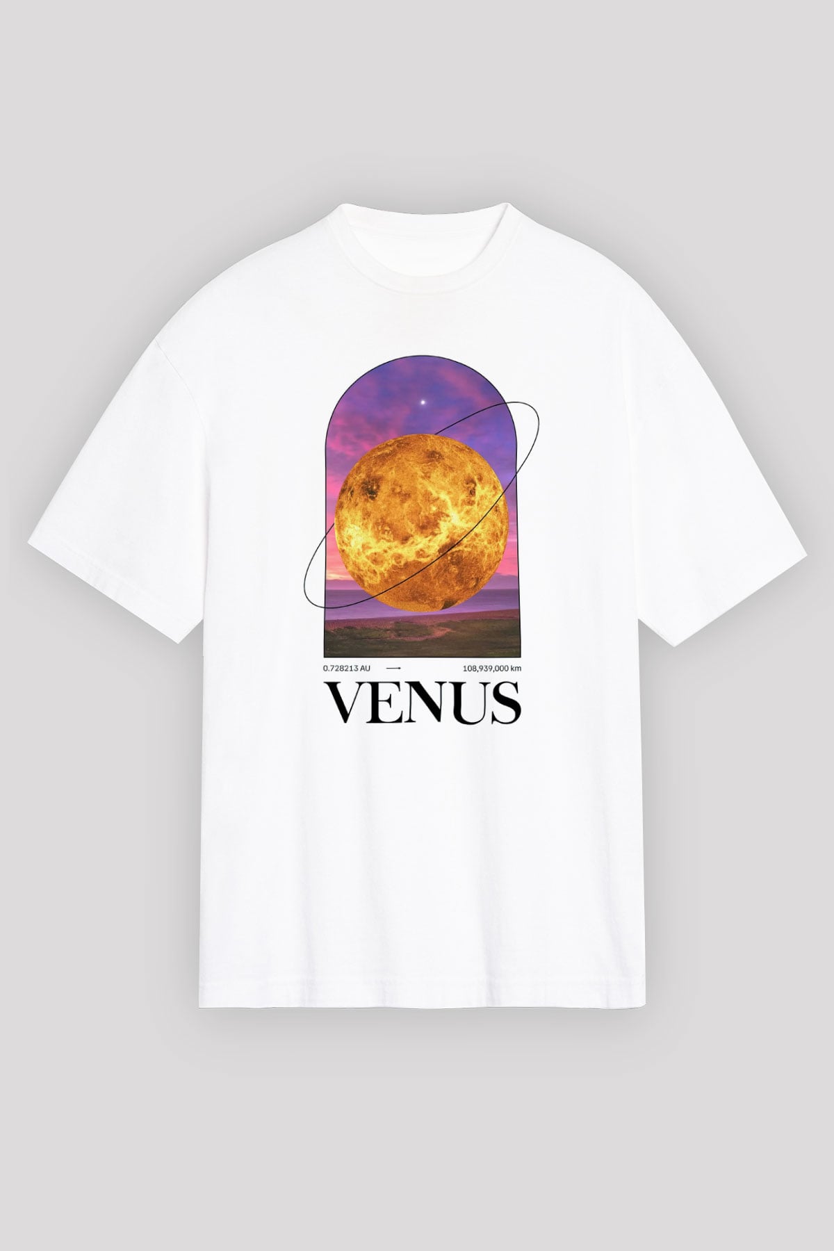 Venüs Gezegeni Baskılı Unisex Oversize Beyaz Tişört - Tshirt