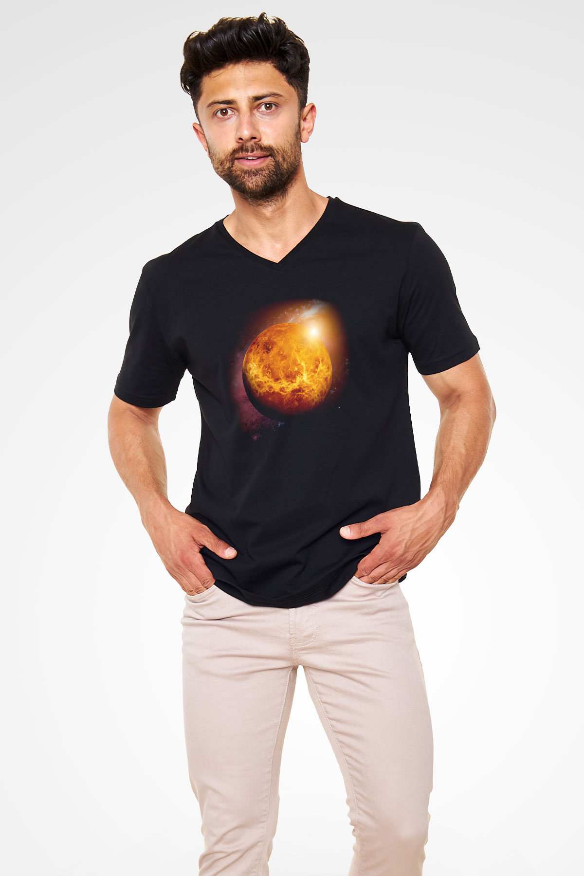 Venüs Siyah Unisex V Yaka Tişört