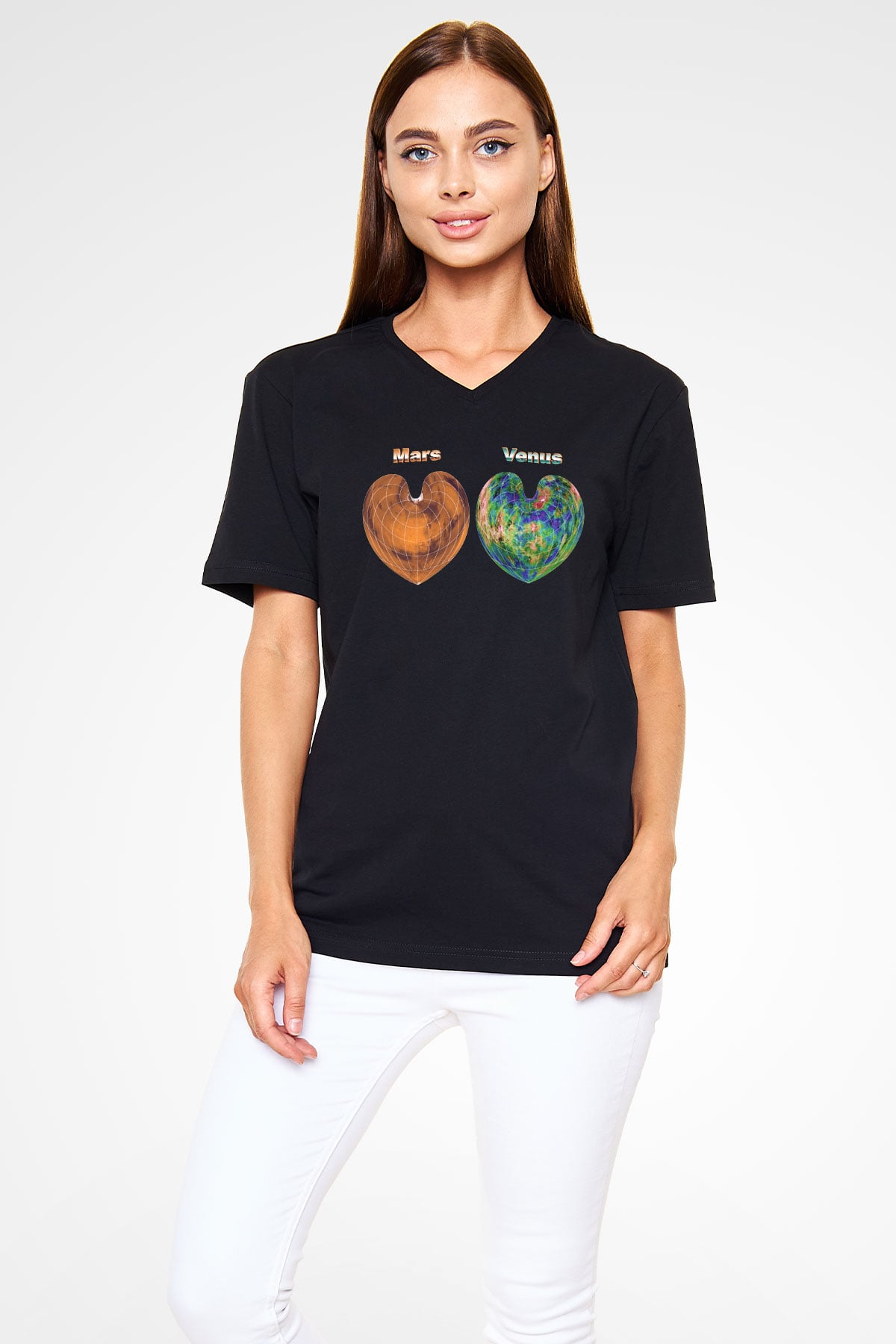Venüs Siyah Unisex V Yaka Tişört T-Shirt