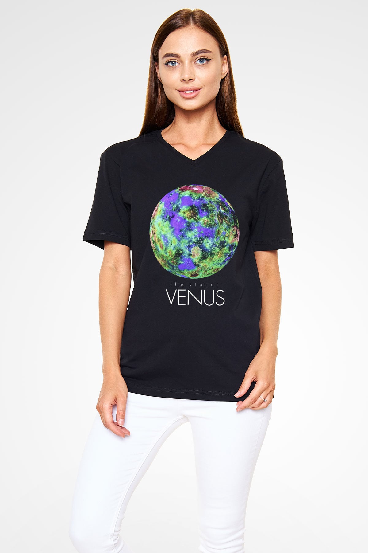 Venüs Siyah Unisex V Yaka Tişört T-Shirt