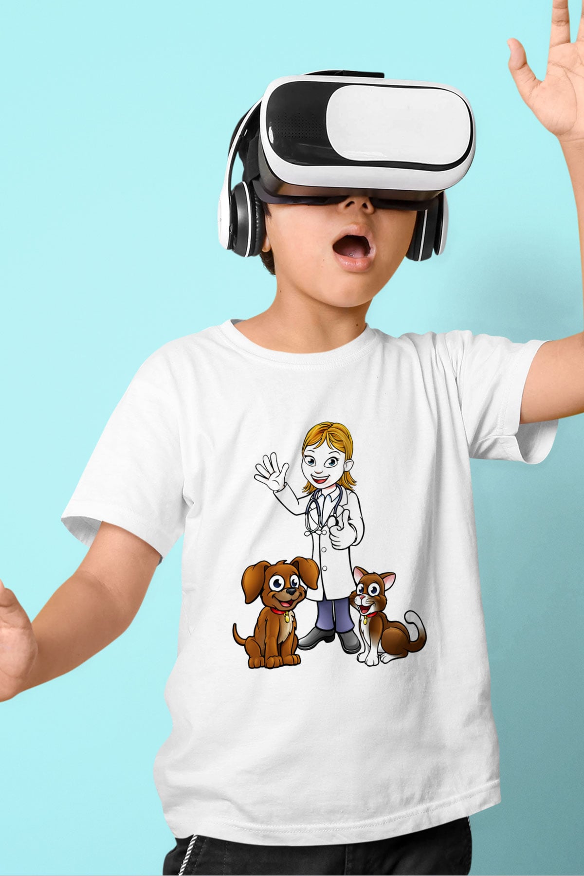Veteriner Baskılı Beyaz Unisex Çocuk Tişört