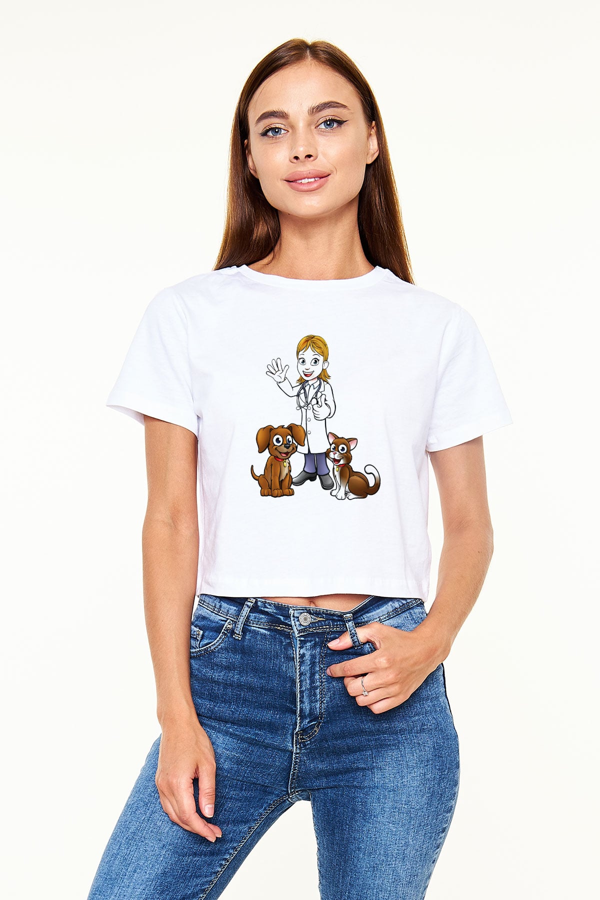 Veteriner Beyaz Croptop Tişört