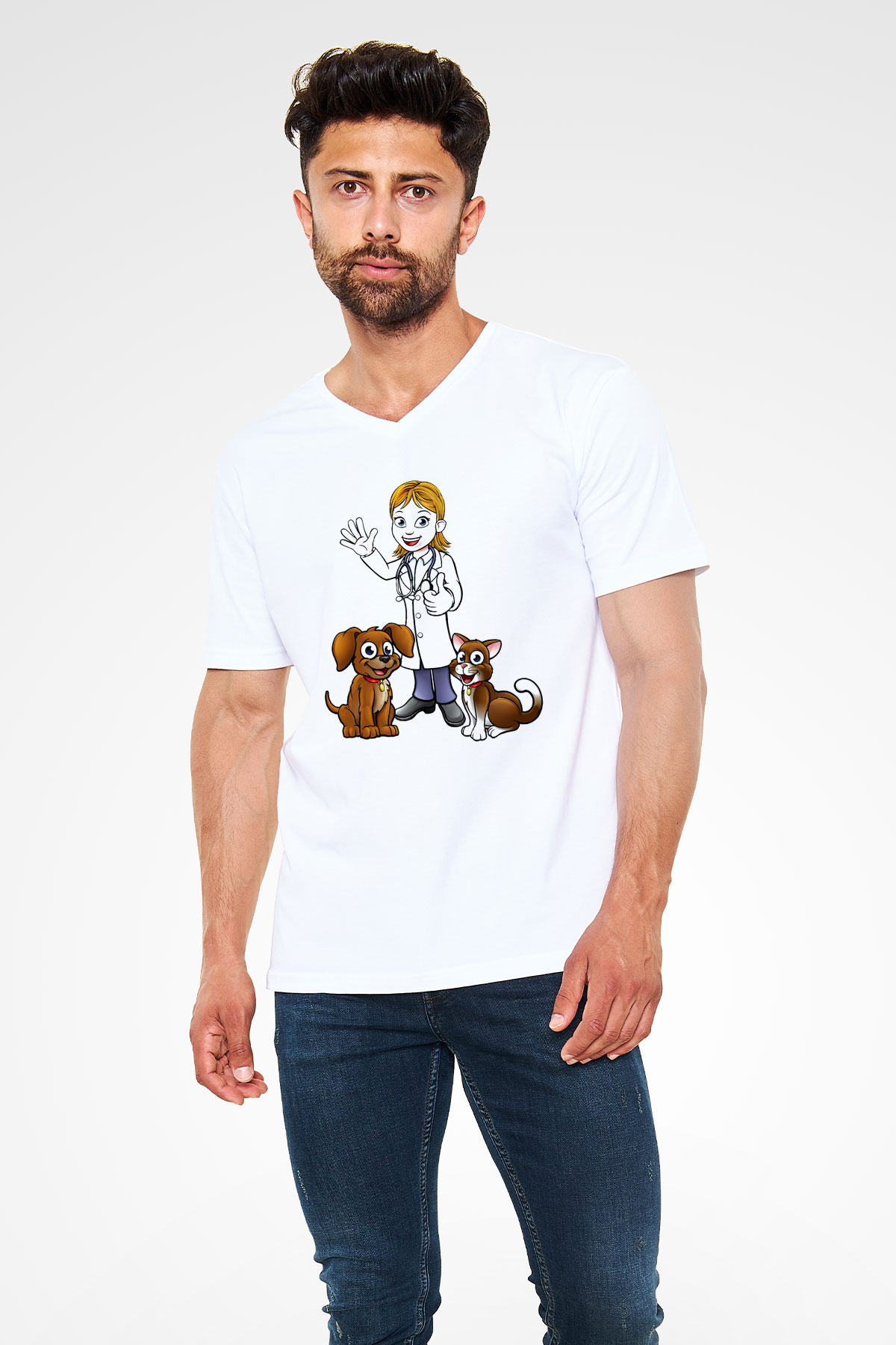 Veteriner Beyaz Unisex V Yaka Tişört T-Shirt