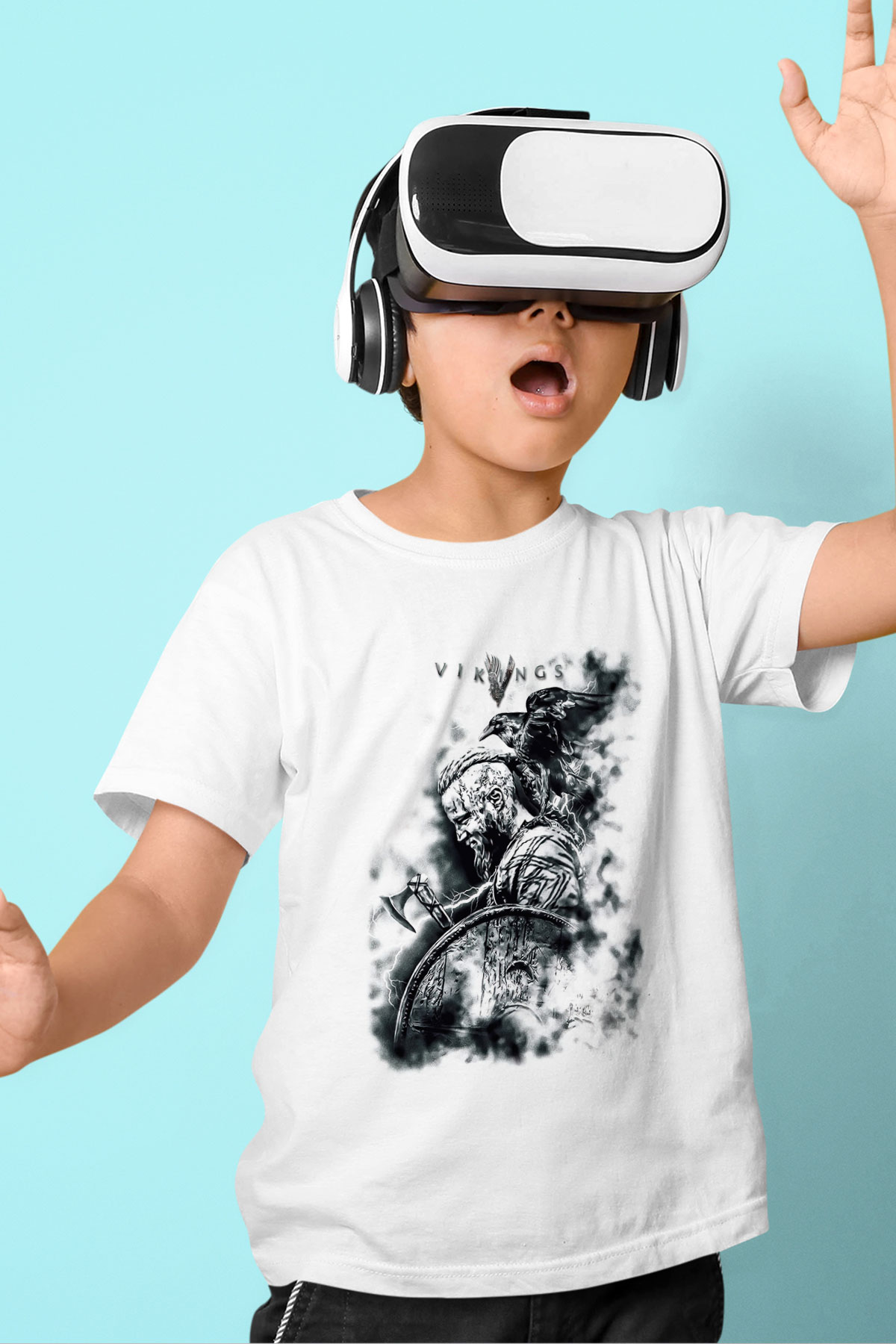 Vikings Baskılı Beyaz Unisex Çocuk Tişört