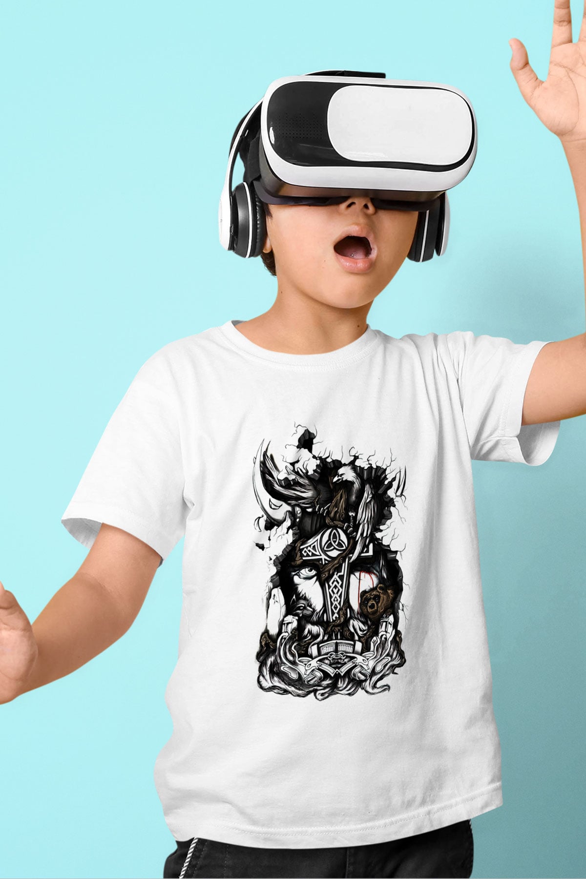 Vikings Baskılı Beyaz Unisex Çocuk Tişört