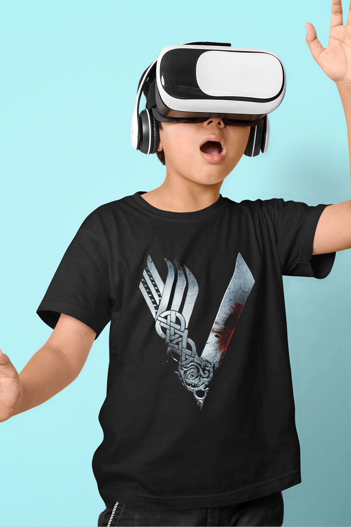 Vikings Baskılı Siyah Unisex Çocuk Tişört