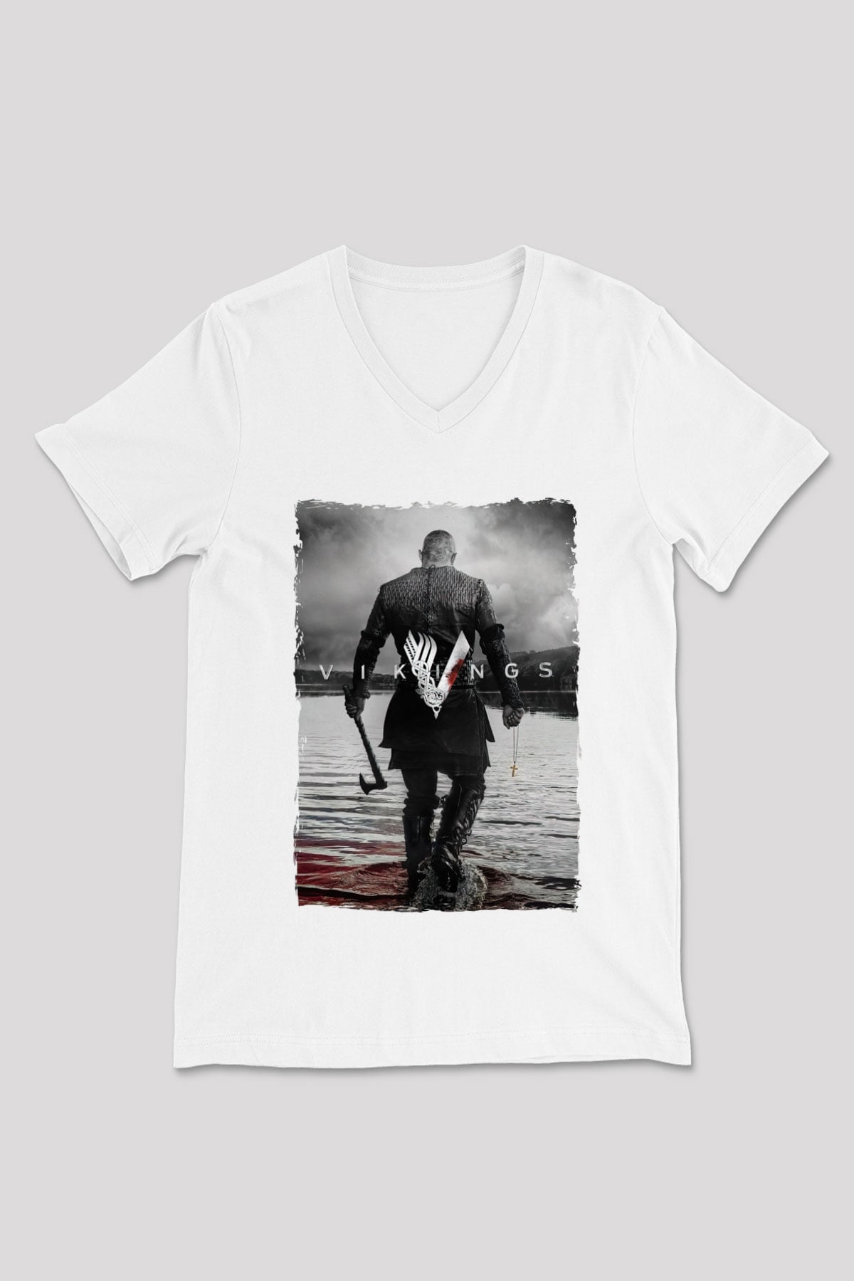 Vikings Beyaz Unisex V Yaka Tişört