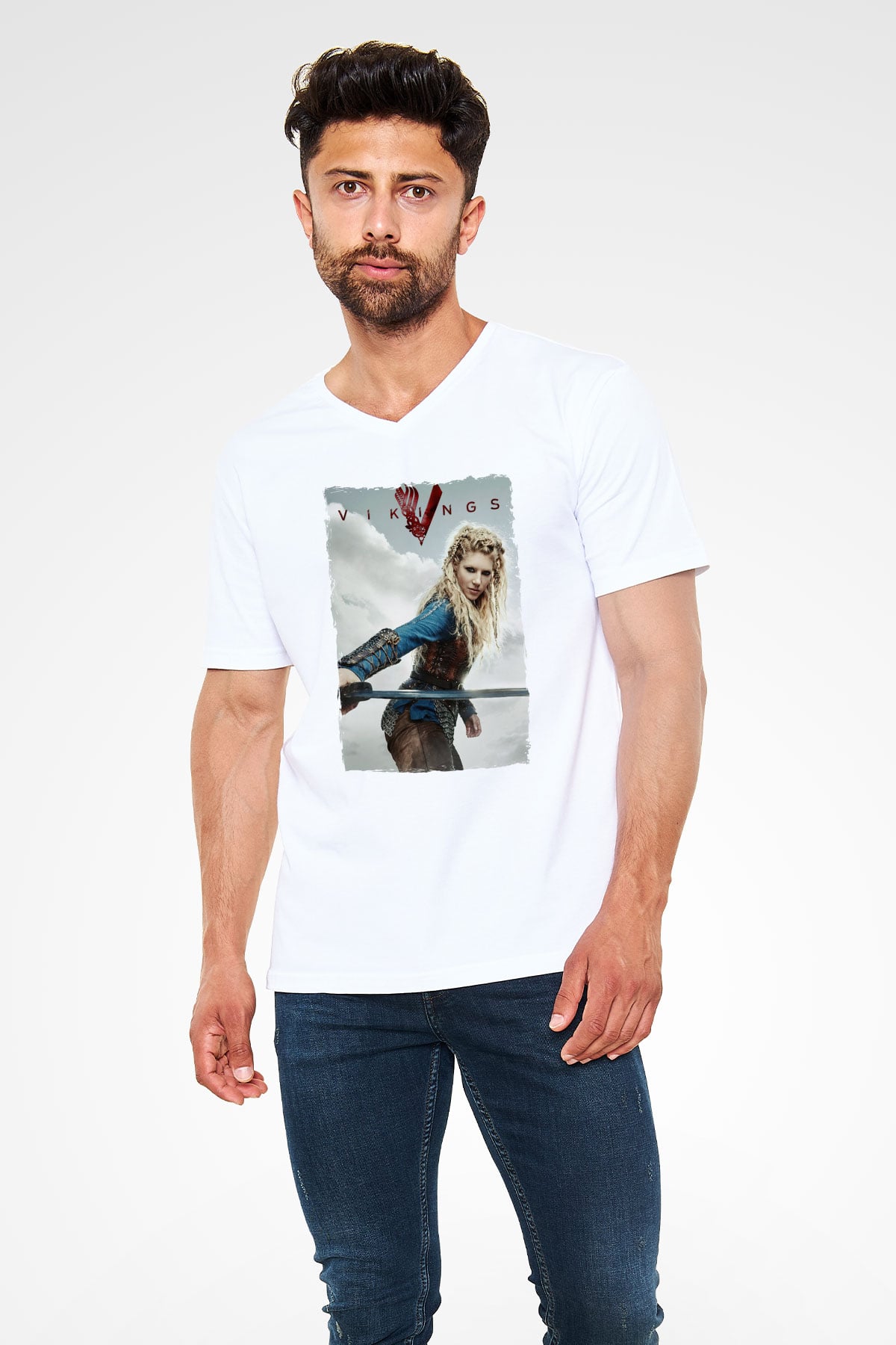 Vikings Beyaz Unisex V Yaka Tişört