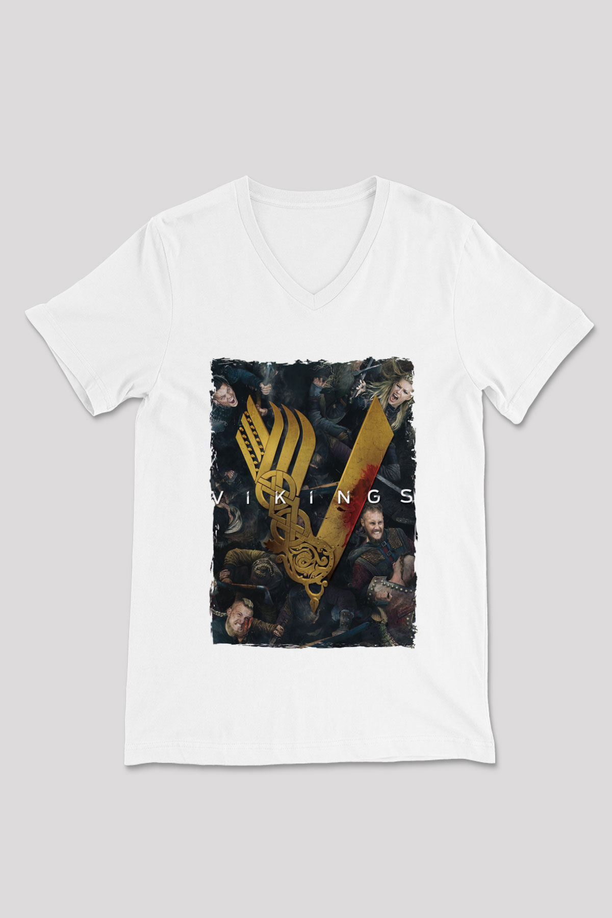 Vikings Beyaz Unisex V Yaka Tişört