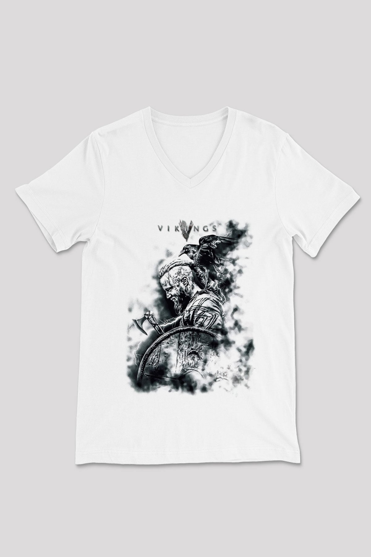 Vikings Beyaz Unisex V Yaka Tişört T-Shirt