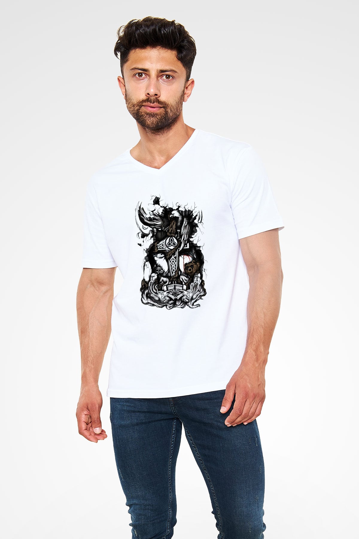 Vikings Beyaz Unisex V Yaka Tişört T-Shirt